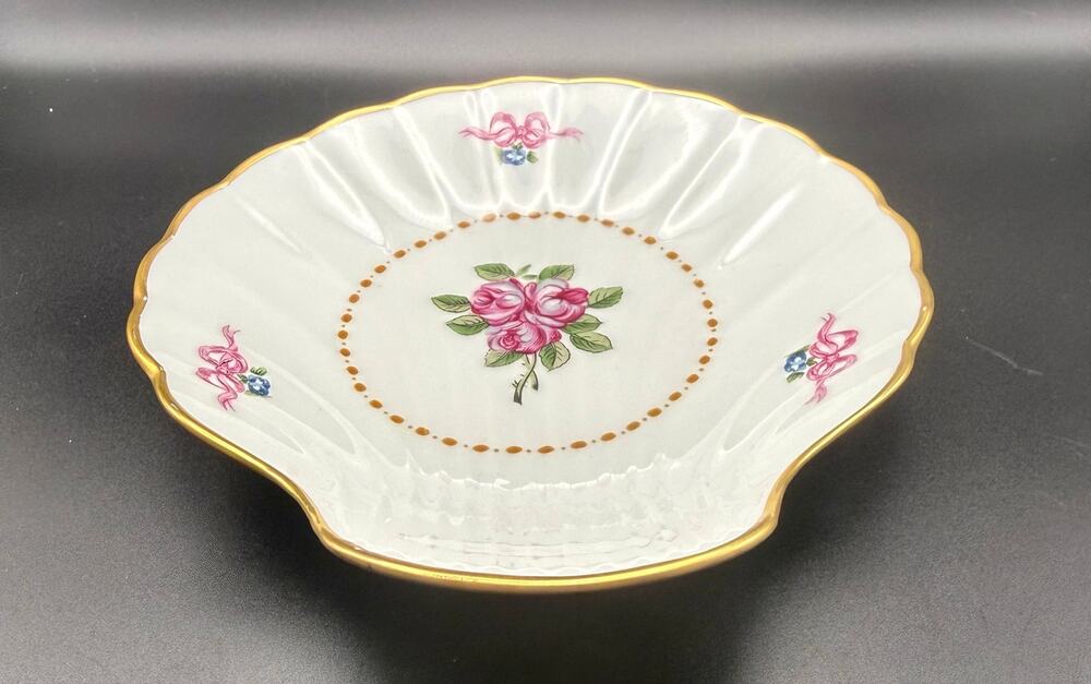 Antique Limoges France Porcelaine Malbec Shell Bowl Pink Roses Gold Gilt Dish